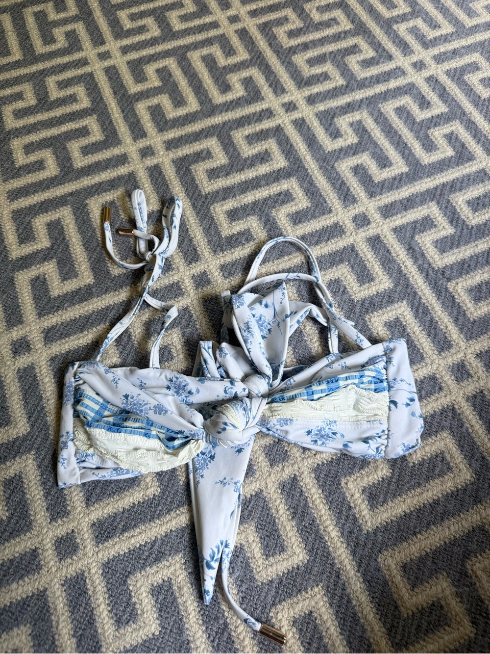 Blue & White Floral Tie-Front Bikini Top